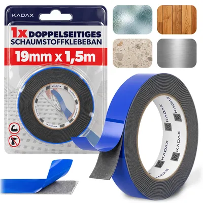 Imagen del producto de Cinta adhesiva de doble cara KADAX, 19 mm x 1,5 m, 1 rollo, extra fuerte. Cinta adhesiva de montaje de espuma de polietileno, cinta de doble cara para espejos, molduras y decoración, Imagen generada por IA