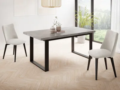 Produktbild von Ausziehbarer Rechteckiger Esstisch im Loft-Stil mit Schwarzen Metallbeinen – Industrieller Tisch für Wohnzimmer – Ausziehbar von 140 cm auf 180 cm –  EU – Grauer Beton
