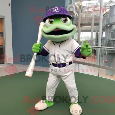 Obrázek produktu pro Postava REDBROKOLY maskota levandulové žáby oblečená s baseballovým tričkem a brýlemi na čtení