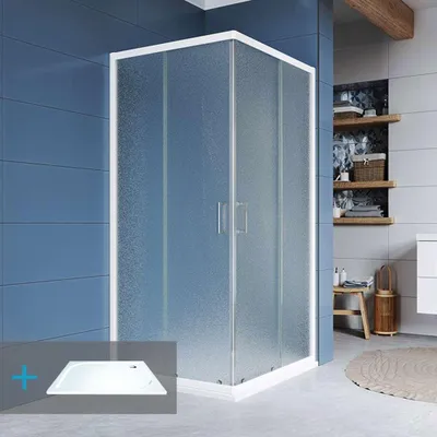 Productafbeelding van Mereo Kora doucheset: rechthoekige hoek 90x80 cm, wit aluminium, glas in "Grape" kleur, douchebak, afvoer - CK34121ZM