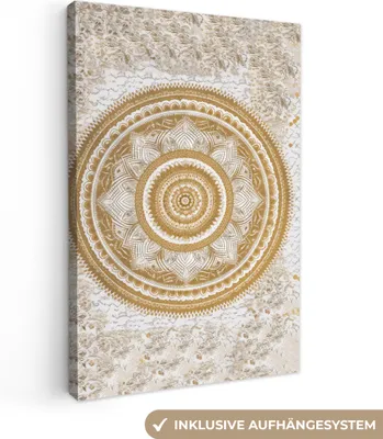 Obrázek produktu pro OneMillionCanvasses® - Obraz na plátně - Mandala - Květiny - Zlatá - Bílá - Design, nástěnný obraz, nástěnné dekorace obrazy obývací pokoj, 80x120cm