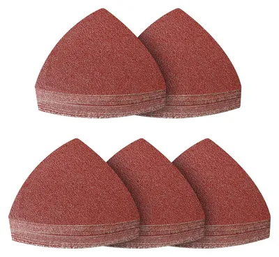 Obrázek produktu pro Brusný papír do delta brusky, 100 kusů, zrnitost 120, rozměry 93x93x93 mm, suchý zip, vhodný pro dřevo a kov