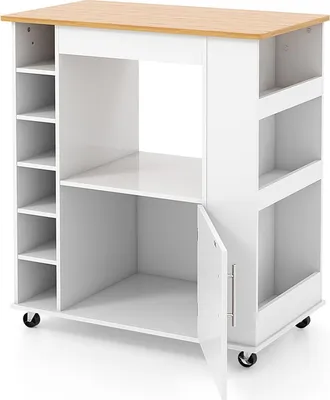 A white kitchen cart with a wooden top and shelves, shown from a slightly elevated side angle.