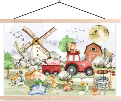 Produktbild von MuchoWow® Textilposter Bauernhof - Traktor - Kinder - Tiere 60x40 cm mit holzfarbenen Rahmen - Bilder