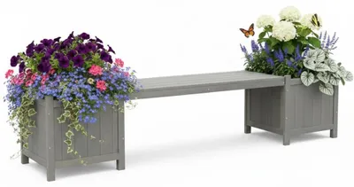 Produktbild von Mucola Gartenbank mit Blumenkästen Holzbank Holz Garten Bank Sitzbank Pflanzgefäßen - Grau