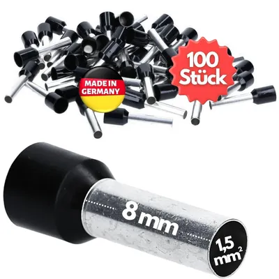 Immagine prodotto di 100 capicorda Kalitec AE1508SWSB isolati, 1,5 mm², lunghezza 8 mm, neri | Prodotto in Germania | Qualità industriale
