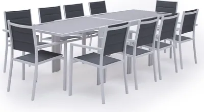 Image de Salon de jardin LAMPEDUSA extensible en textilène gris 10 places - aluminium blanc