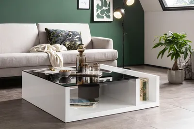 Produktbild von SalesFever Couchtisch mit 3 Ablagefächern | 12 mm Sicherheitsglas-Tischplatte | B 100 x T 100 x H 30 cm | weiß – schwarz
