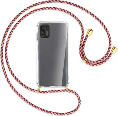 Produktbild von Handykette Backcover-Schutzhülle mit Band (Metall goldfarben) für Motorola Moto G Pro 2021 - weinrot/gelb/grau