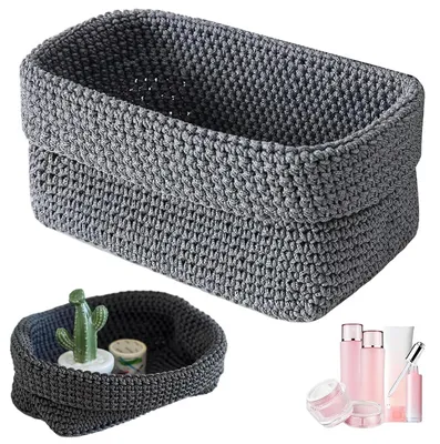 Produktbild von Grauer Aufbewahrungskorb, handgeflochtener Korb aus gehäkeltem Baumwollseil, 21 cm * 13 cm * 15,5 cm, kleiner geflochtener Aufbewahrungskorb, für Küche, Bad, Regale, Brot, Kosmetikaufbewahrung.