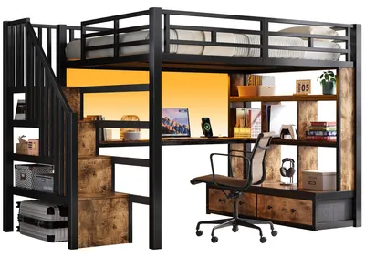 Obrázek produktu pro Abrihome Kovová patrová postel pro mládež 140x200 cm s psacím stolem, policemi a schody s úložným prostorem, 2 zásuvkami, LED osvětlením, černá