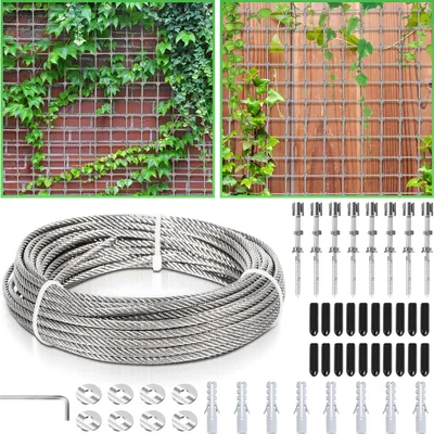 Produktbild von Clanmacy 12M Rankhilfe Edelstahl für Kletterpflanzen Drahtseil Stahlseil Set mit Wandhalterung und Seildurchmesser 3 mm Unterstützung