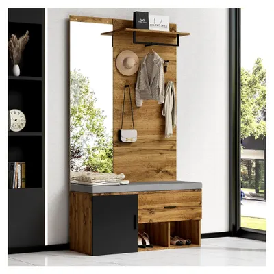 Produktbild von Garderobenset in Holzoptik mit Spiegel und Schuhbank 104 x 39 cm, Polster, Schublade, Regal und Kleiderhaken für Flur und Eingangsbereich
