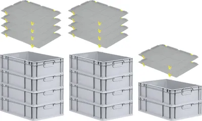 Produktbild von SparSet 10x Eurobox NextGen Economy mit Auflagedeckel und 4x Schiebeschnappverschlüsse Gelb | Griffe geschlossen | HxBxT 17x40x60cm | 34 Liter | Eurobehälter, Transportbox, Transportbehälter, Stapelbehälter