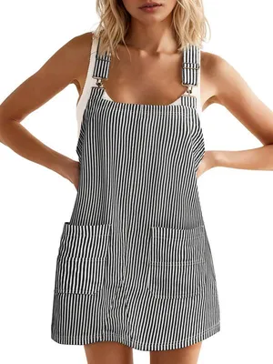 Produktbild von Imily Bela Lässiges Damen-Jeanskleid, gestreifter Overall für den Herbst, verstellbare Träger, ärmelloses Jeanskleid mit Taschen