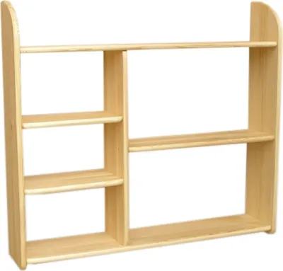 A wooden shelf unit against a white background.