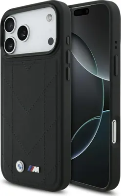 A black iPhone case with a quilted design and BMW logos is shown.
