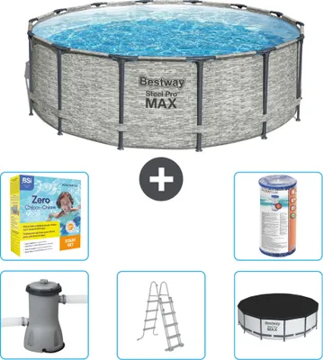 Produktbild von Bestway Round Steel Pro MAX Schwimmbad – Steindruck – 427 x 122 cm – inklusive Pumpe – Leiter – Abdeckung Wartungspaket - Filter