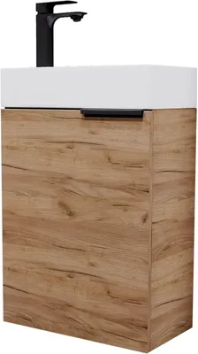 Produktbild von Waschtisch mit Unterschrank 40 cm Waschbeckenunterschrank, Badmöbel-Set mit Waschbecken für kleine Bäder, Gäste WC, Gold Eiche (inkl. Armatur schwarz matt)