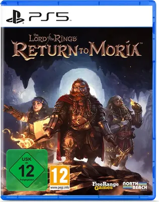 The image shows the front cover of a PlayStation 5 game case for 'The Lord of the Rings: Return to Moria'. It features artwork of three dwarf characters in a cave setting, along with game ratings and logos.