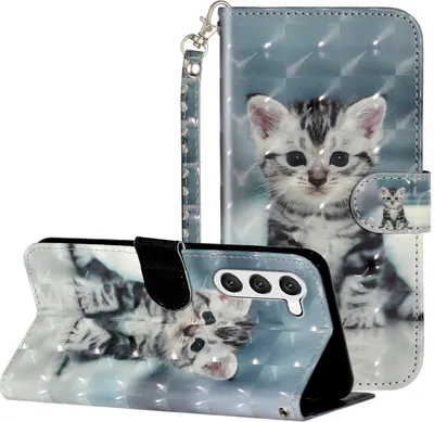 Produktbild von CLM-Tech Hülle kompatibel mit Samsung Galaxy S23 Plus - Tasche aus Kunstleder - Klapphülle mit Ständer und Kartenfächern, kleine Katze