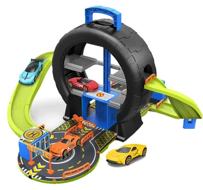 Obrázek produktu pro Sada s autodráhou a parkovištěm, interaktivní stavebnice pro děti, se 4 autíčky, přenosná, vzdělávací a zábavná, Montessori STEM, od 3 let, design s obručí, černá