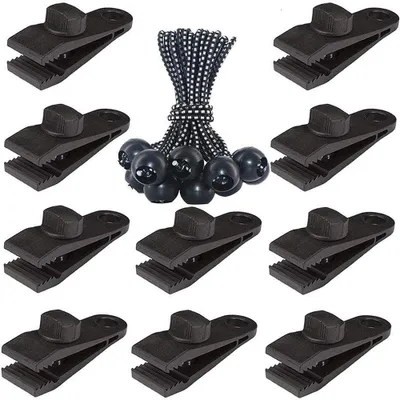 Produktbild von Planenclip-Set – 20-teilig – Robuste Planenclips – Camping – Zelt- und Markisenklemmen – Ösen – Zeltklemmen – 10 Planenclips & 10 Zeltgummiseile