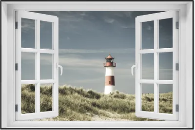 Produktbild von Wallario Wandbild mit Fenster-Illusion: Leuchtturm auf der Düne am Strand, Größe: 61 x 91,5 cm, Poster mit schwarzem Aluminiumrahmen