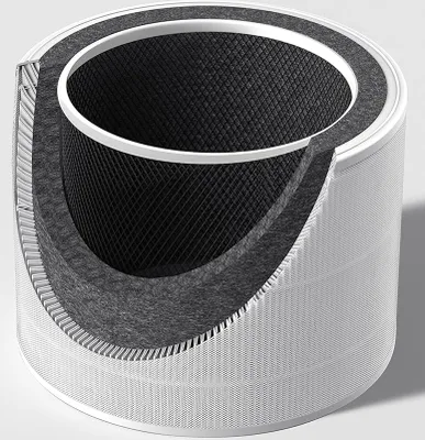 A cross-section view of a cylindrical air filter.