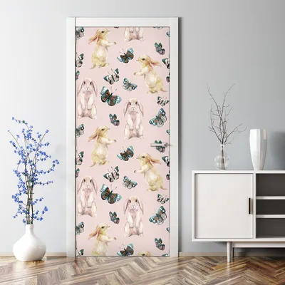 Produktbild von Dekorative Abnehmbarer Wandsticker Türtapete selbstklebend Kaninchen und Schmetterlinge 85 x 200 cm
