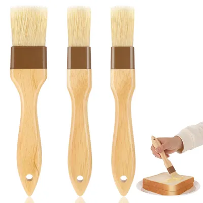 Image de Lot de 3 pinceaux de cuisine : pinceaux de 3/4,5 cm, pinceaux pour barbecue avec longs manches en bois, poils naturels, pinceaux à pâtisserie, pinceaux à huile, pinceaux à beurre, pinceaux pour barbecue, pinceaux à huile résistants à la chaleur, pour la pâtisserie, les grillades et la viande