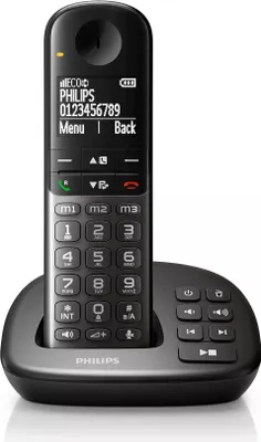 A black cordless phone and its charging base are shown against a white background.