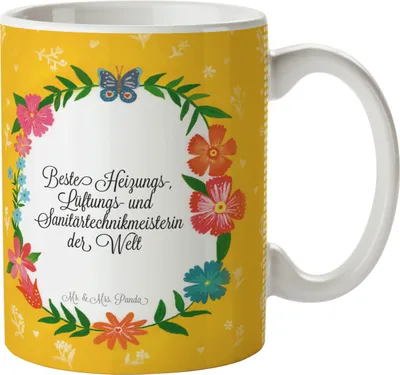 Produktbild von Mr. & Mrs. Panda Kaffeebecher Heizungs-, Lüftungs- und Sanitärtechnikmeisterin - Geschenk, Bedruckte Tasse, Kaffeetasse, Berufsschule, kakaobecher, Becher, schöne