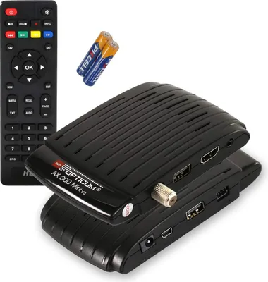 A satellite receiver, remote control, and batteries are displayed on a white background.