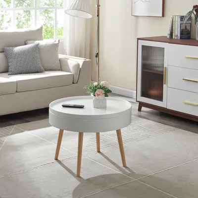 Produktbild von Couchtisch 'Bongard' mit abnehmbarer Tischplatte Ø60 x 45 cm Wohnzimmertisch in glatter Optik rund Weiß