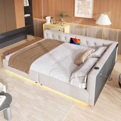 Produktbild von STILVORA Daybett 140x200 Tagesbett ohne Matratze,Schlafsofa mit Lattenrost und Fernbedienung-Ambientebeleuchtung,Jugendbett mit Knopftuft-Kopfteil,Beige