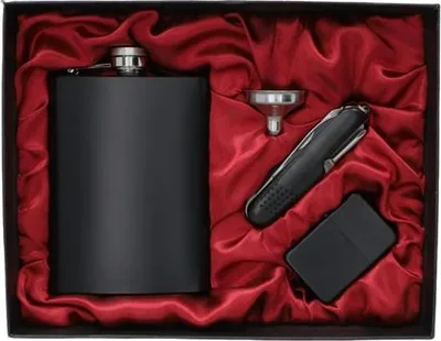 Immagine prodotto di Fiaschetta nera + accendino + imbuto + coltellino tascabile - Set regalo
