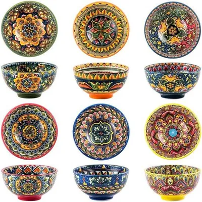 Produktbild von Unyqoos® Bunte Keramikschalen 6‑teilig, je 190 ml – Boho‑Design, stapelbare Dessert-, Snack- & Reisschalen, mikrowellen- und spülmaschinengeeignet