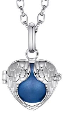 Produktbild von Morella® Damen Halskette Edelstahl 70 cm mit Engelsflügel Herz Anhänger und Klangkugel blau Ø 16 mm in Schmuckbeutel