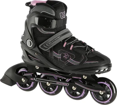 A single black and pink inline skate is shown against a white background.