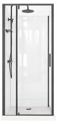 Image de Cabine de Douche Carrée 90x90 - Colonne Thermostatique Noire et Receveur Bas Effet Pierre