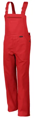 A full-body shot of red overalls against a white background.