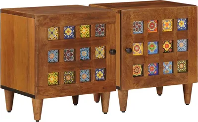 Image de vidaXL Table de chevet, 2 pièces, marron, 40 x 33 x 46 cm, bois massif de manguier