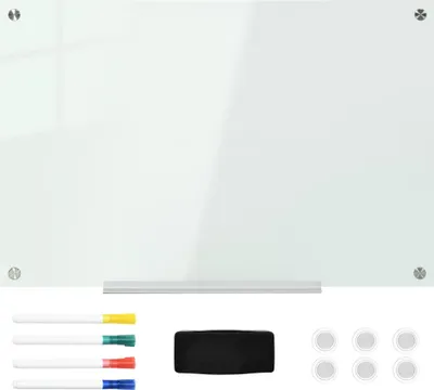 Produktbild von Glas Whiteboard, Memoboard, Whiteboard,  4 Stifte, 6 Magnete, 1 Schwamm,1 Ablage, Weiß