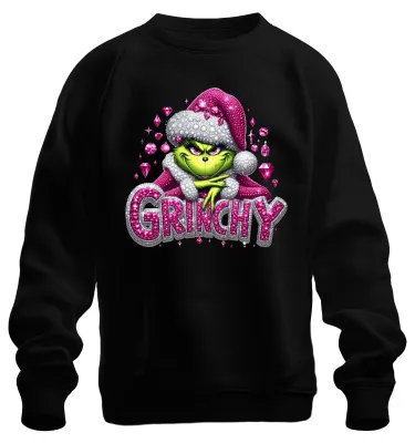Immagine prodotto di Felpa unisex "Grinchy Christmas" con motivo natalizio, rosa glitterato, stile grintoso e glamour, nera, taglia S