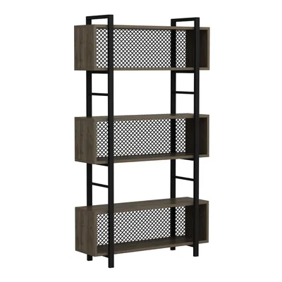 A freestanding bookshelf with a metal frame and wooden shelves.