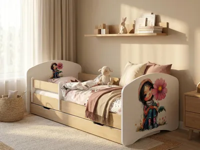 Image de Lit junior 140 x 70 cm « Happy » avec coffre de rangement | Lit d'enfant avec barrière de sécurité |Reproduction « Poirier clair » pour chambre d'enfant