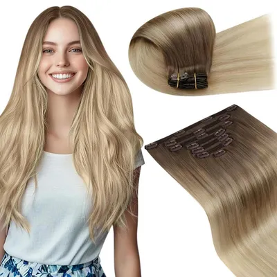 Image de Extension de cheveux à clipser, cheveux naturels, balayage brun et blond, 7 pièces, 135g, 60cm