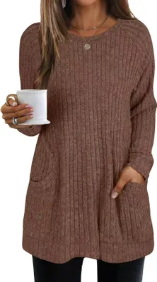 Produktbild von ASKSA Pullover Damen Elegant Basic Langarmshirt Oberteile Tunika Rundhals Top Sweatshirt Locker Tshirt mit Taschen,Kaffee,XL