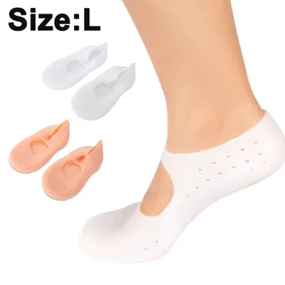 A close-up image of a foot wearing a white silicone heel protector, with other silicone heel protectors in white and peach colors arranged in the background. The text 'Size: L' is visible in the top left corner.